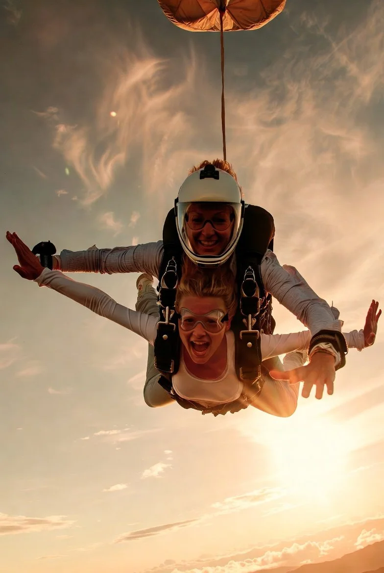 Mother and adult daughter smiling joyfully after a skydiving landing during golden hour, capturing an adventurous moment that reflects her personality and inspires meaningful gift ideas.