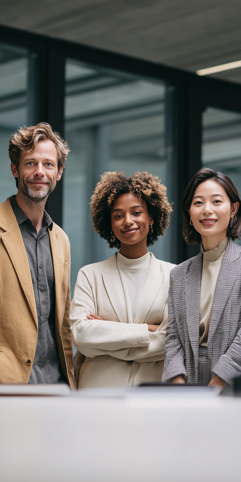 Executives collaborating in a minimalist conference room.