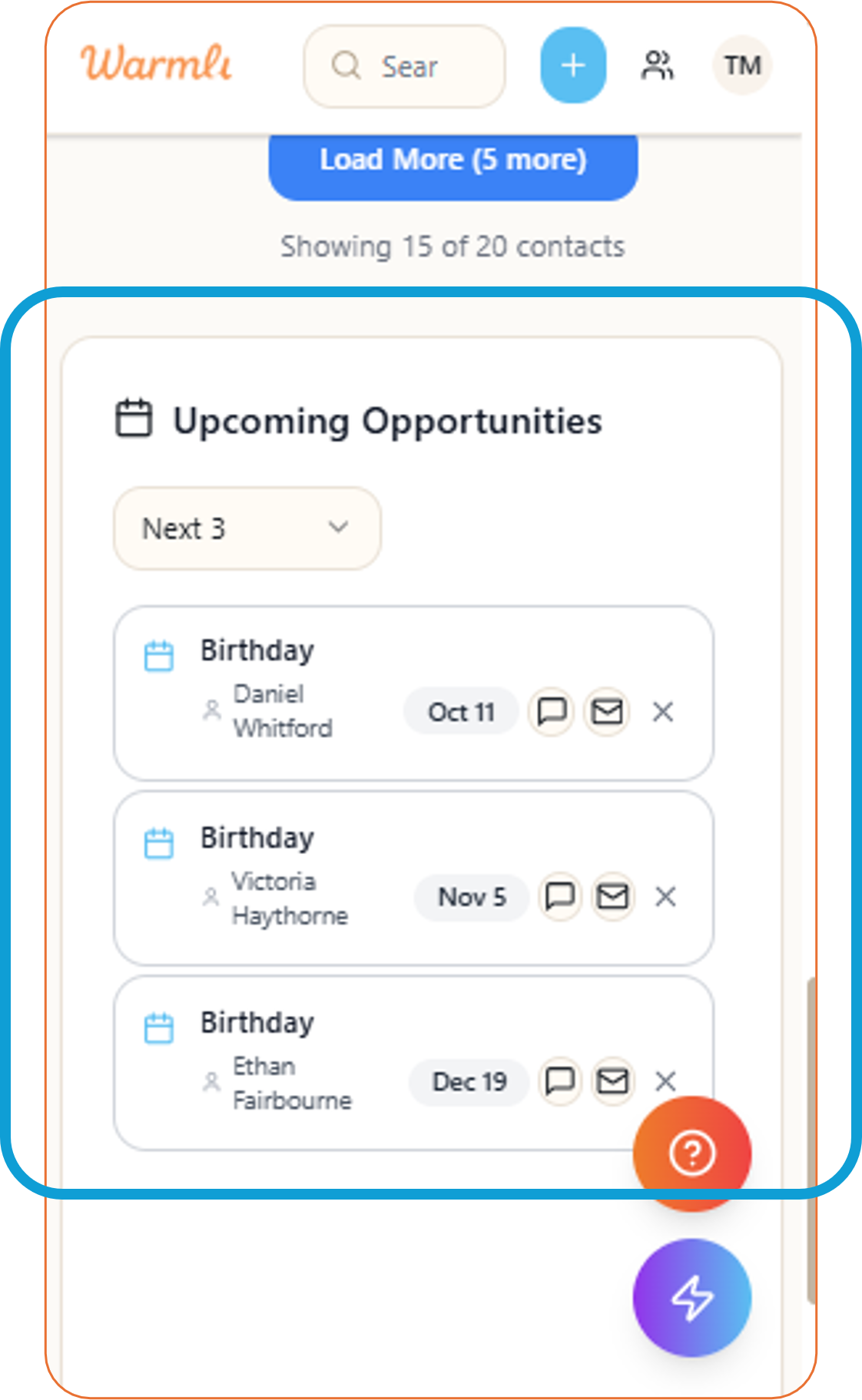 A digital contact management app with upcoming birthdays of Daniel Whitford, Victoria Haythorne, and Ethan Fairbourne, displaying icons for messages and emails next to each birthday.