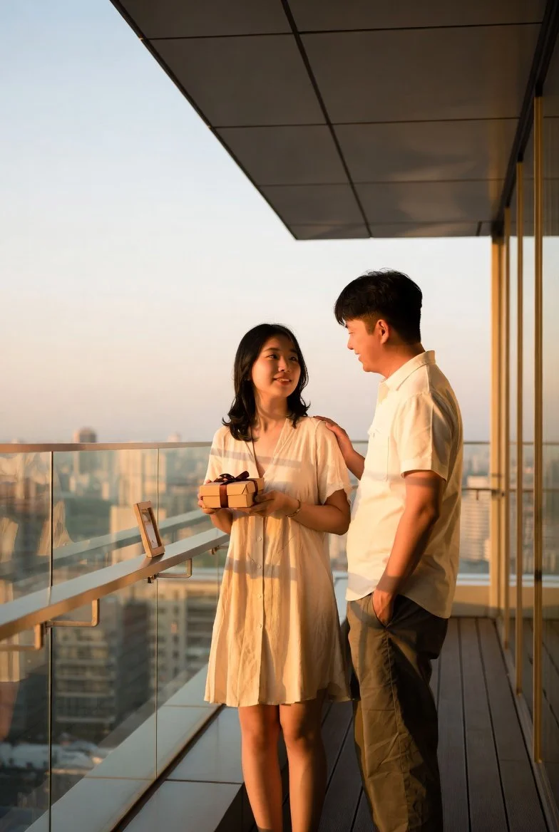 A young adult daughter holds a meaningful personal object on a garden terrace while a parent stands nearby with a prominently displayed minimalist wrapped gift