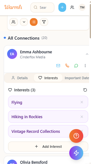 Screenshot of a social networking app profile page showing Emma Ashbourne's interests in Flying, Hiking in Rockies, and Vintage Record Collections.