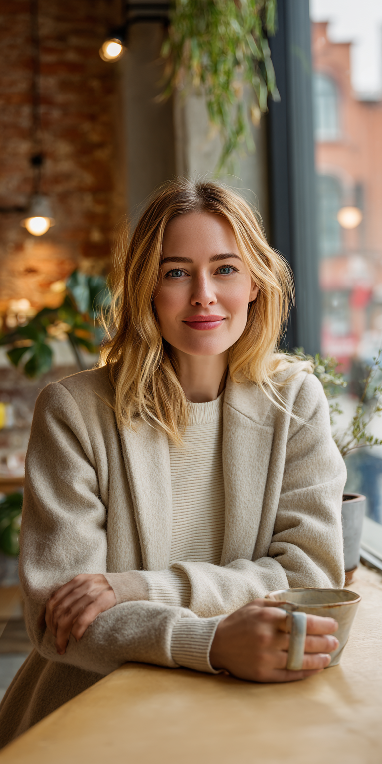 Professional woman smiling in a warm city café.