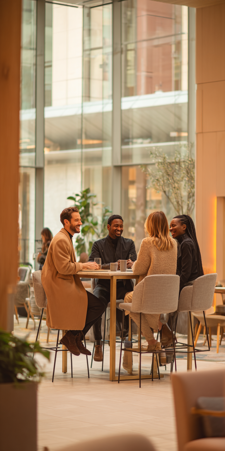 Young professionals collaborating in a stylish urban lobby.