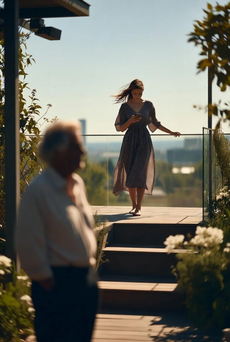 A young adult daughter explores a personal interest on a garden terrace at golden hour while a parent observes warmly with a minimalist wrapped gift.