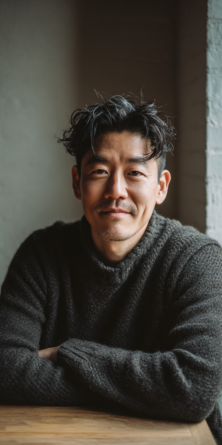 Executive man smiling at a minimalist desk.