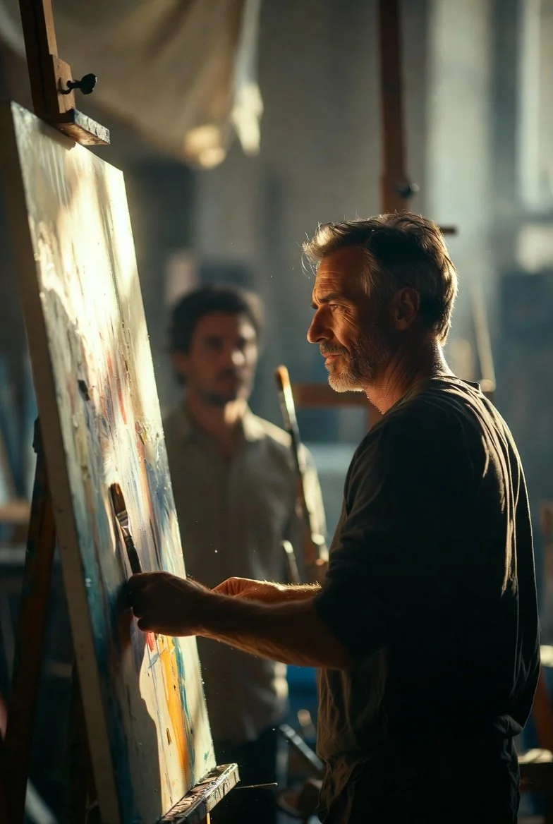 A father works on a large abstract painting in a modern studio while his adult child watches with warm appreciation, highlighting a personal passion that inspires meaningful gift ideas.