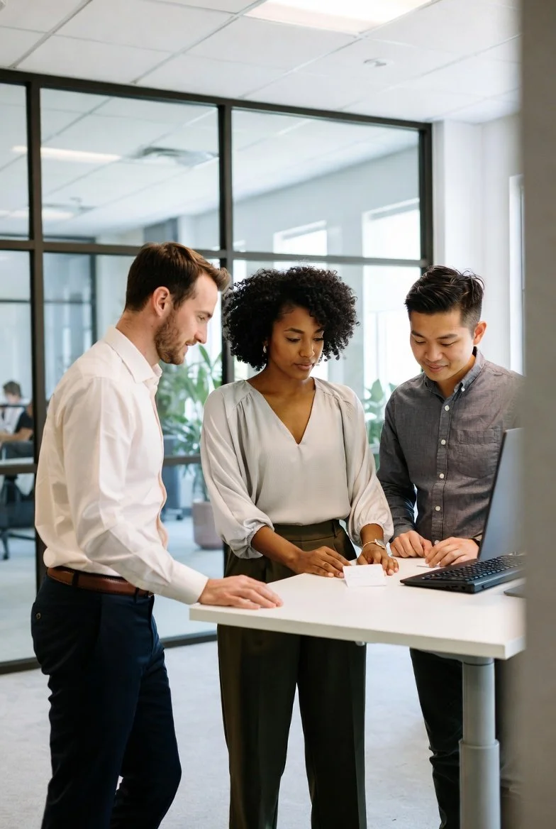 Three coworkers reviewing a reminder card together in a bright modern office.