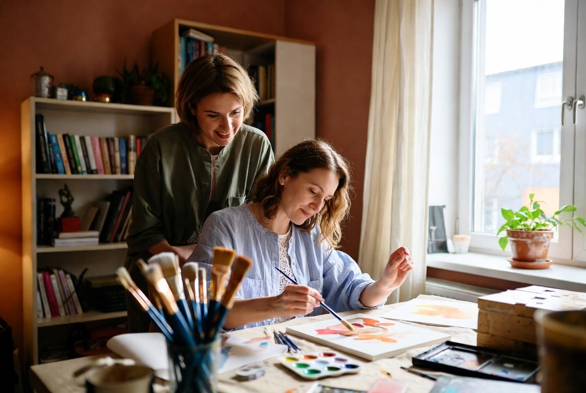 an image of a woman painting a picture while her friend glances over her shoulder