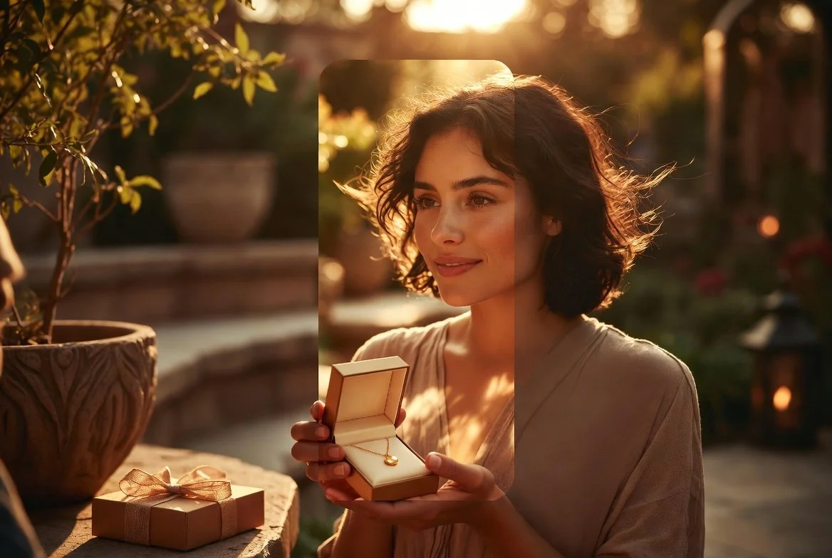 A young adult daughter admires a unique, meaningful gift on a garden terrace at golden hour while a parent stands nearby with the empty wrapping.