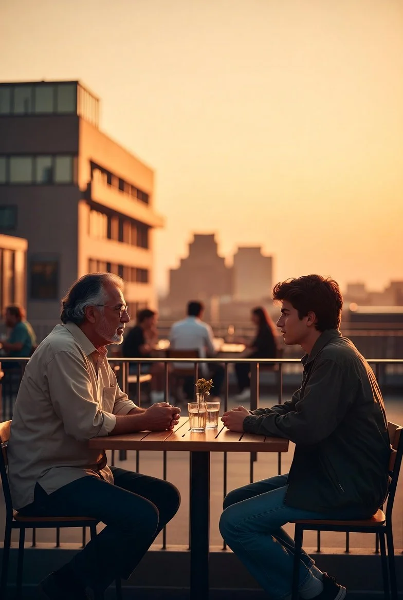 A mentor and mentee smile warmly at each other at a rooftop café with a wrapped gift on the table between them.