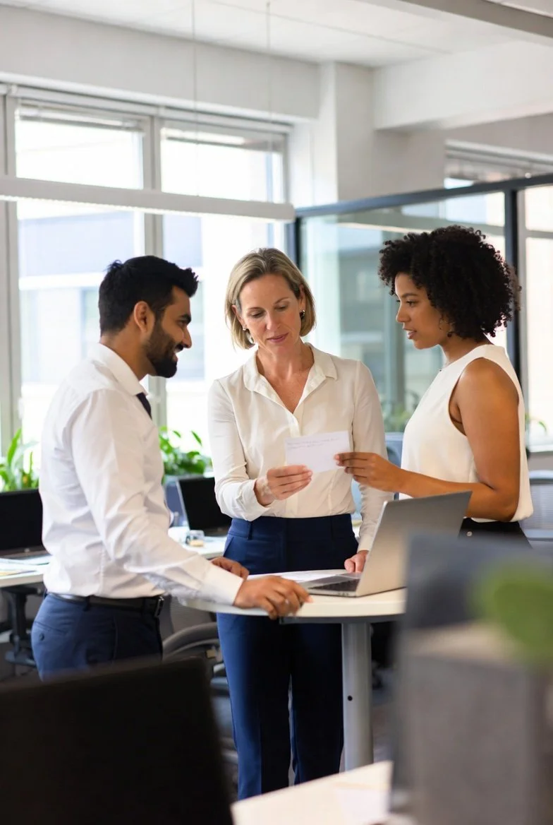 Three coworkers reviewing a reminder card together at a standing desk in a bright modern office.