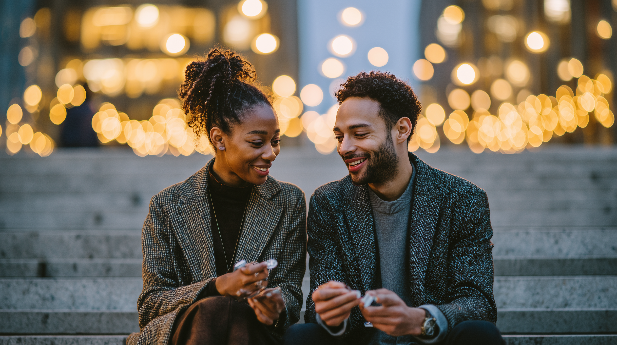 Two young professionals reviewing handwritten notes together outdoors at golden hour, representing Warmli’s personal CRM support for remembering important details.