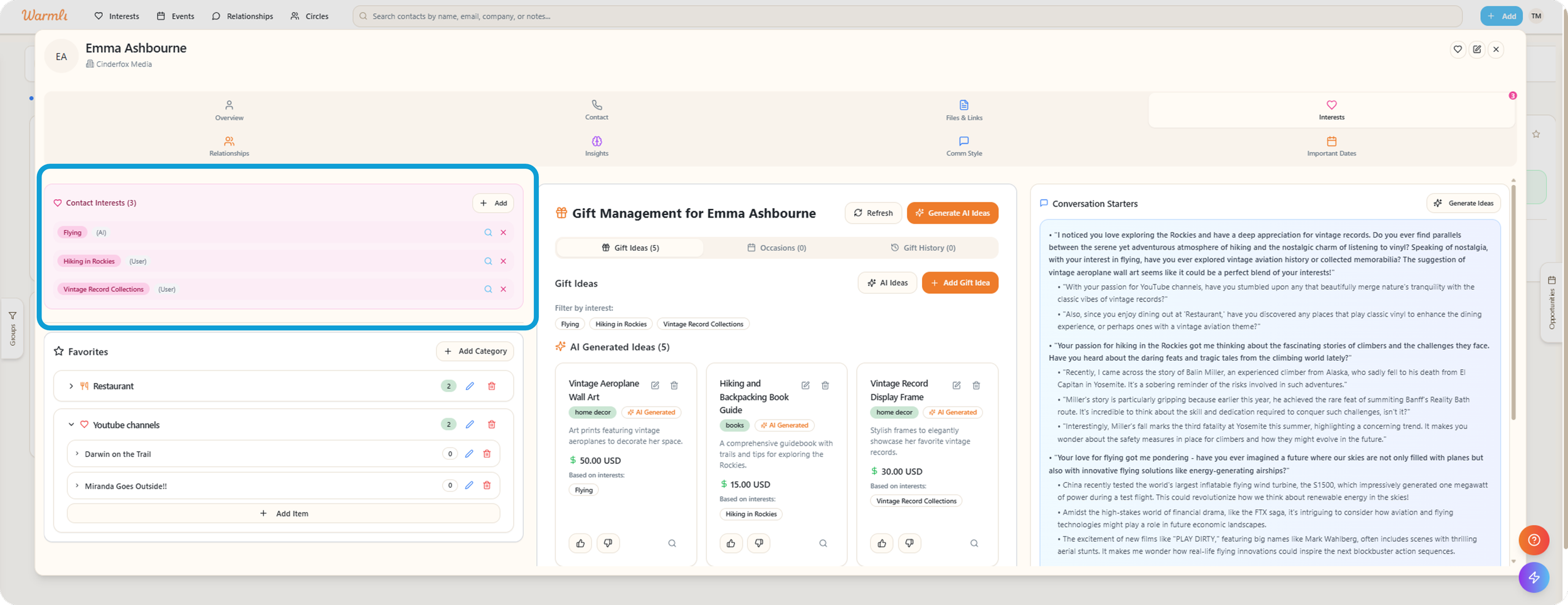 Screenshot of a computer screen displaying a contact profile for Emma Ashbourne with sections for contact interests, favorites, gift ideas, and conversation starters, along with options to add items and generate AI ideas.