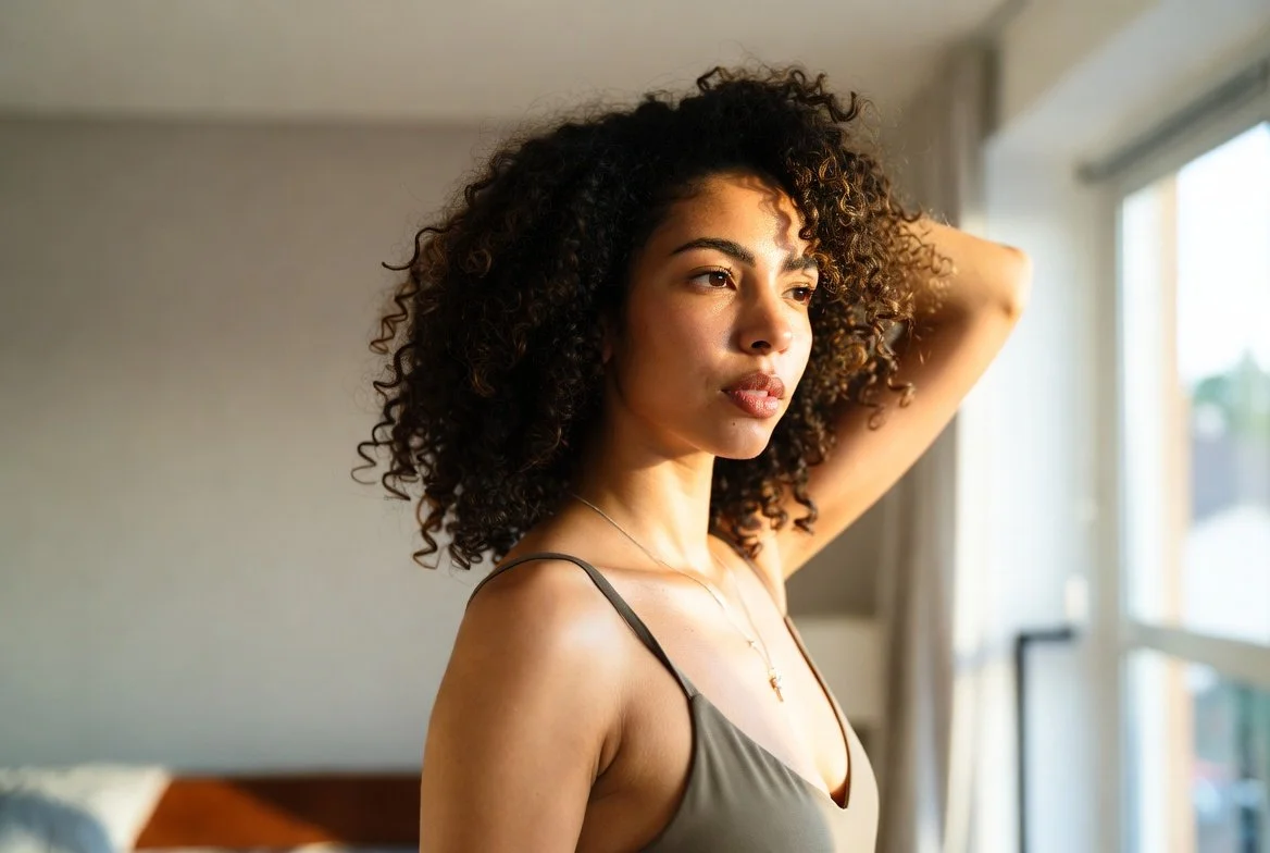 Afro-Latina woman smiling in soft indoor lighting, symbolizing the ease of organizing contacts with a personal CRM.”