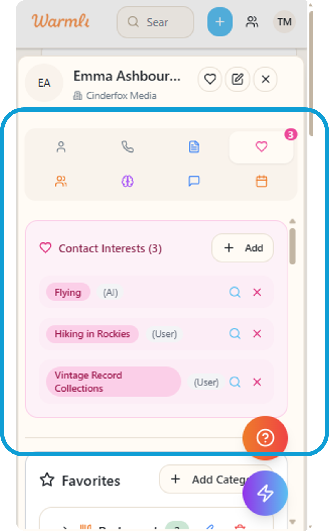 A screenshot of a mobile app interface showing a contact list with contact interests, including Flying, Hiking in Rockies, and Vintage Record Collections, with options to add or search interests.