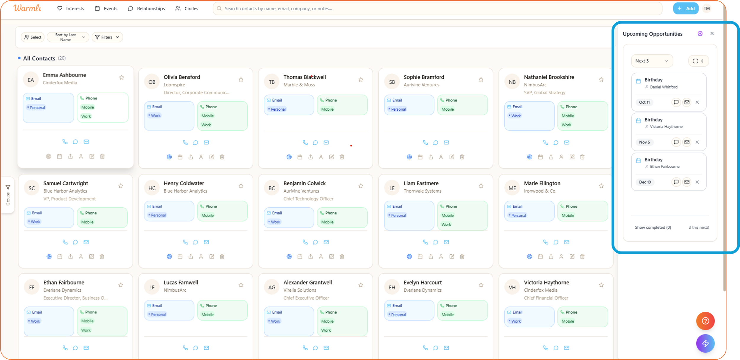 Screenshot of a customer relationship management (CRM) software dashboard showing contact cards with names, titles, and contact methods, and an upcoming opportunities sidebar with scheduled birthdays.