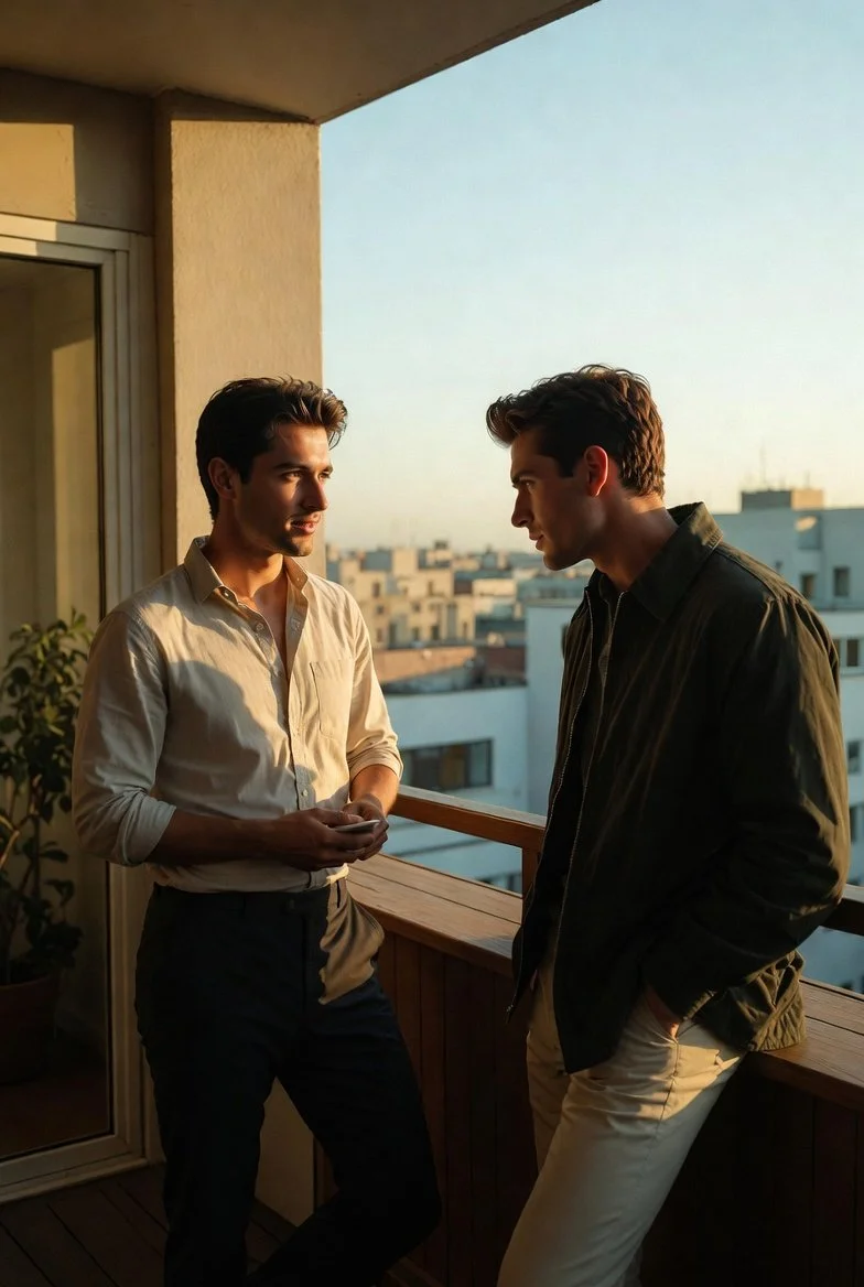 Two male friends sit on a rooftop terrace at golden hour as one shares a meaningful object and the other listens warmly with a minimalist gift beside him.