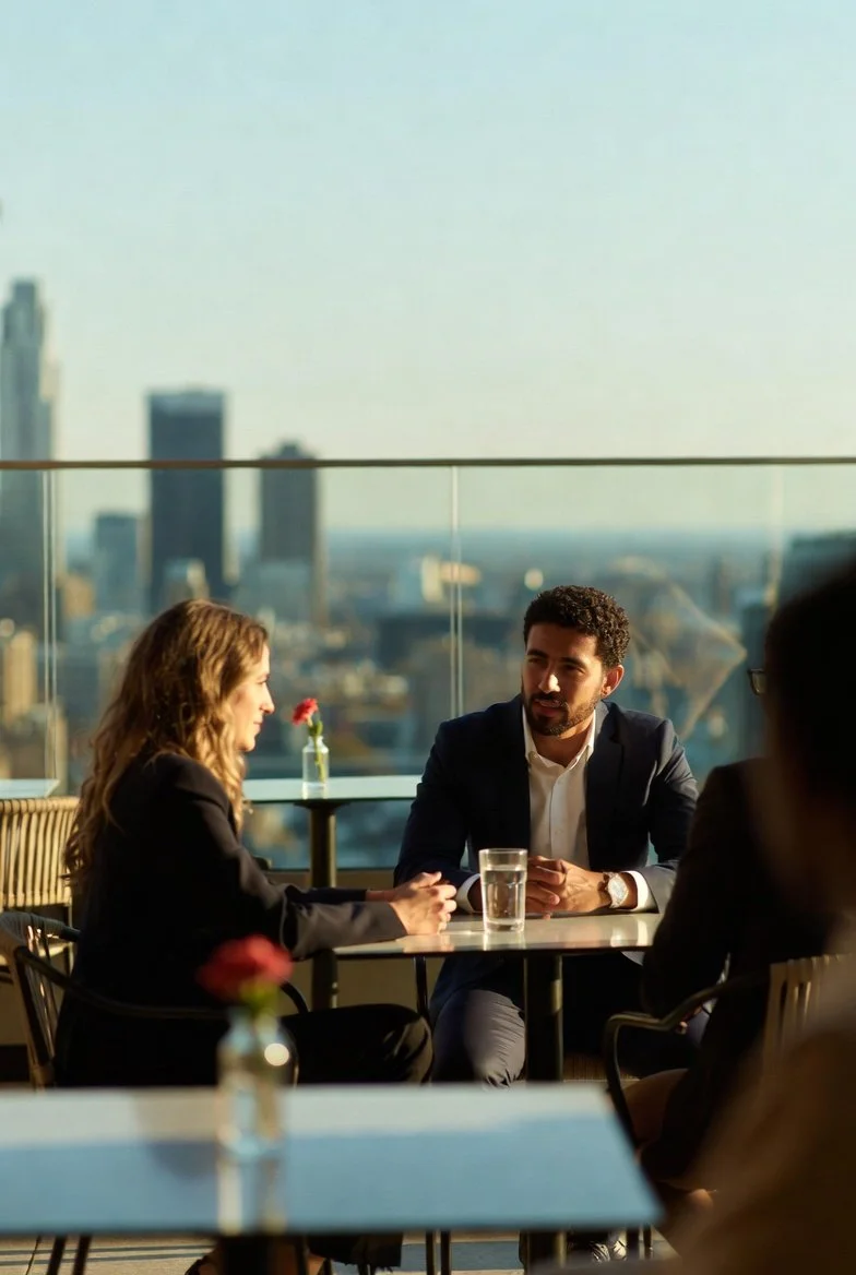 Professionals meeting at a rooftop café in the city