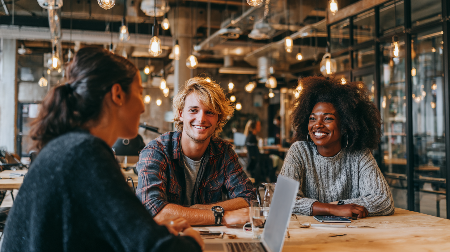 Young professionals collaborating at a coworking table.