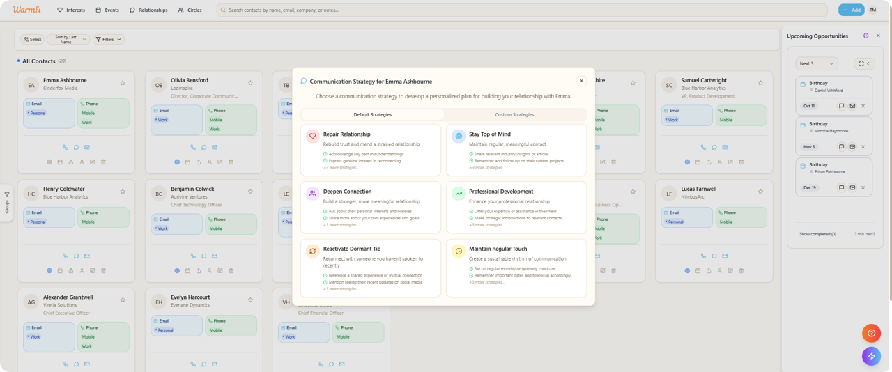 Screenshot of a contact management dashboard with contact cards, communication options, and a pop-up window for communication strategy planning.
