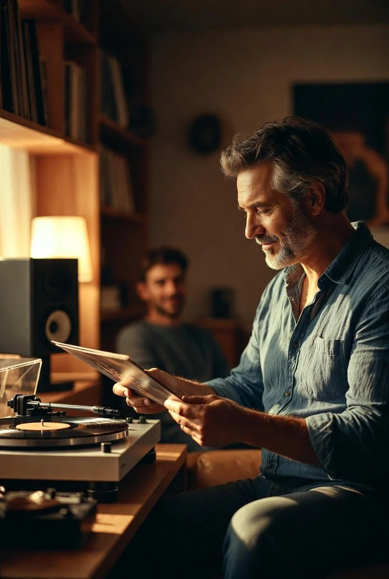 A father smiles while holding a favorite vinyl record as his adult child watches with warm recognition, symbolizing how small details become meaningful, personalized gift ideas