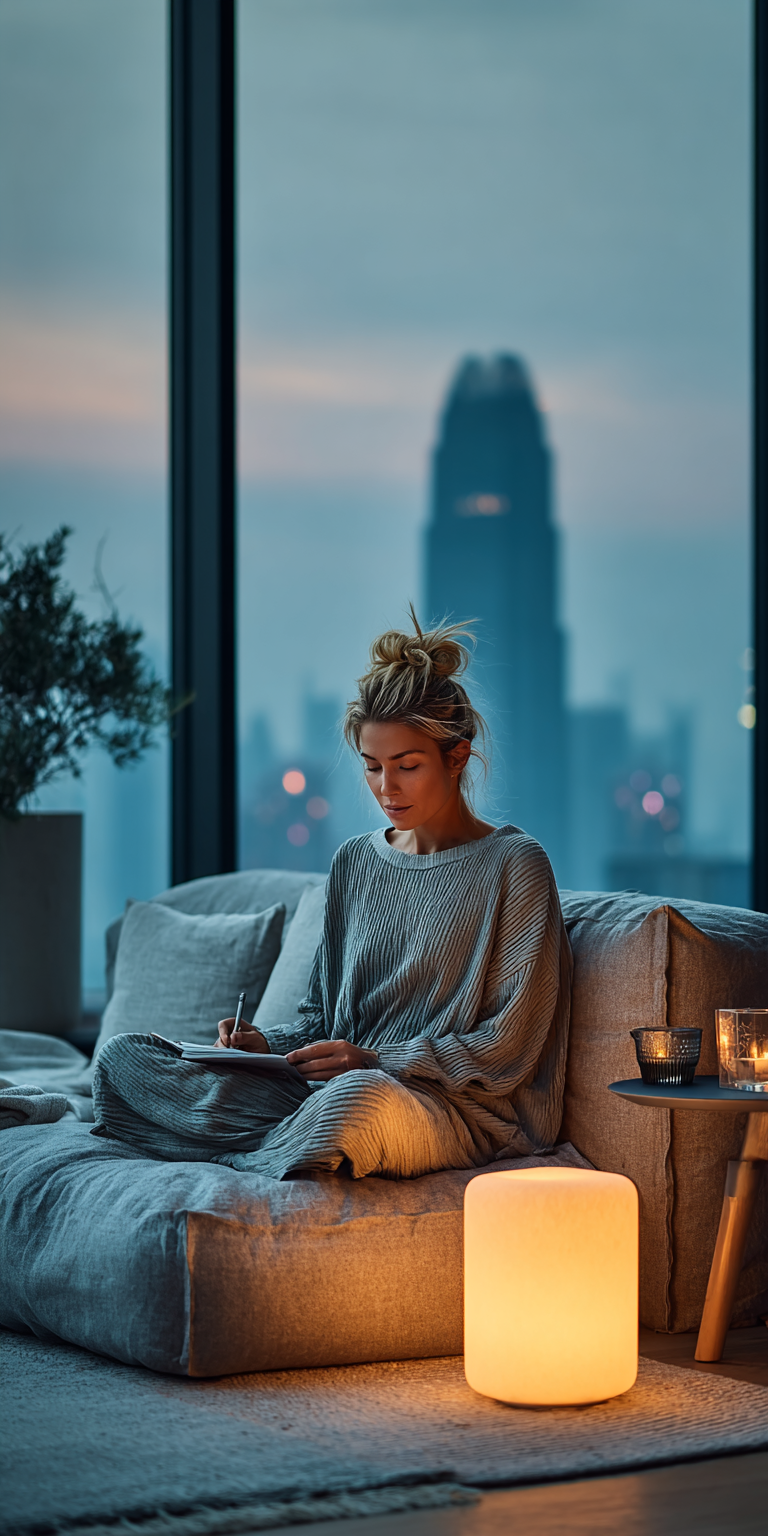 A woman sitting on a modern sofa in a city apartment preparing a small wrapped gift and writing a card.