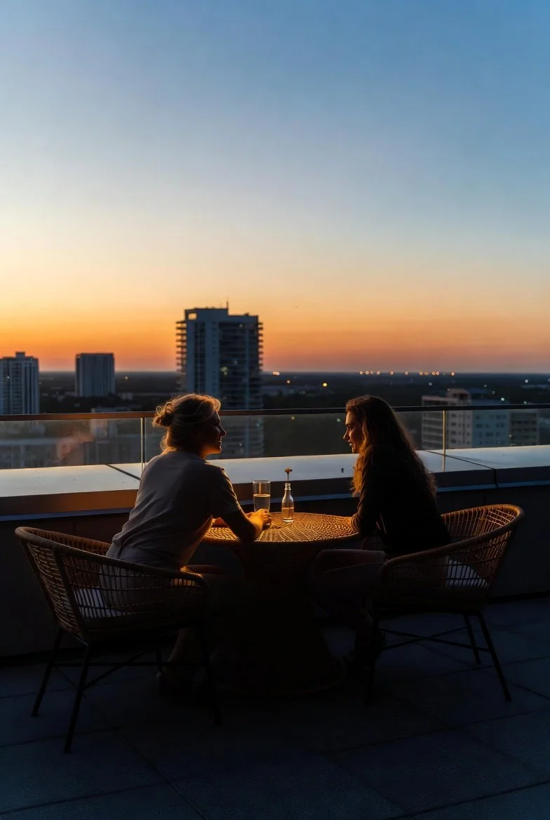 Two adult sisters standing side-by-side on a modern rooftop at dusk, sharing a warm sibling moment with a minimalist gift nearby and soft contemporary lighting around them.