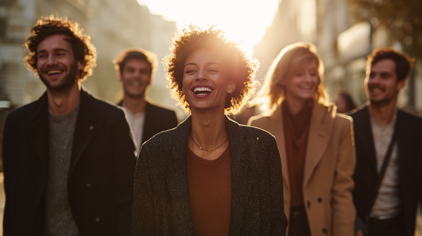 Diverse friends laughing as they walk down a city street, symbolizing how Warmli supports personal and professional relationships