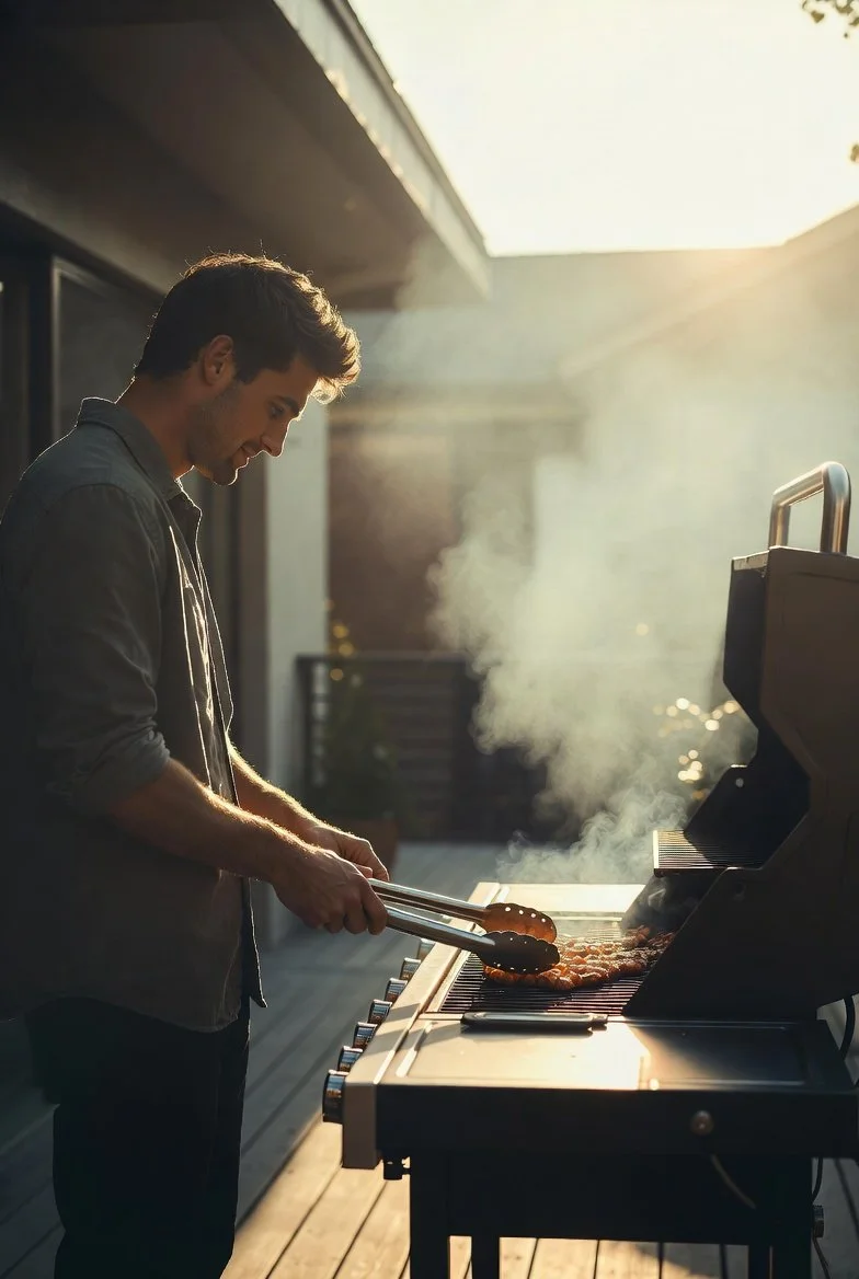 A brother adjusts food on a modern BBQ grill at golden hour while his sister watches with a warm smile, holding a minimalist gift inspired by the small moment