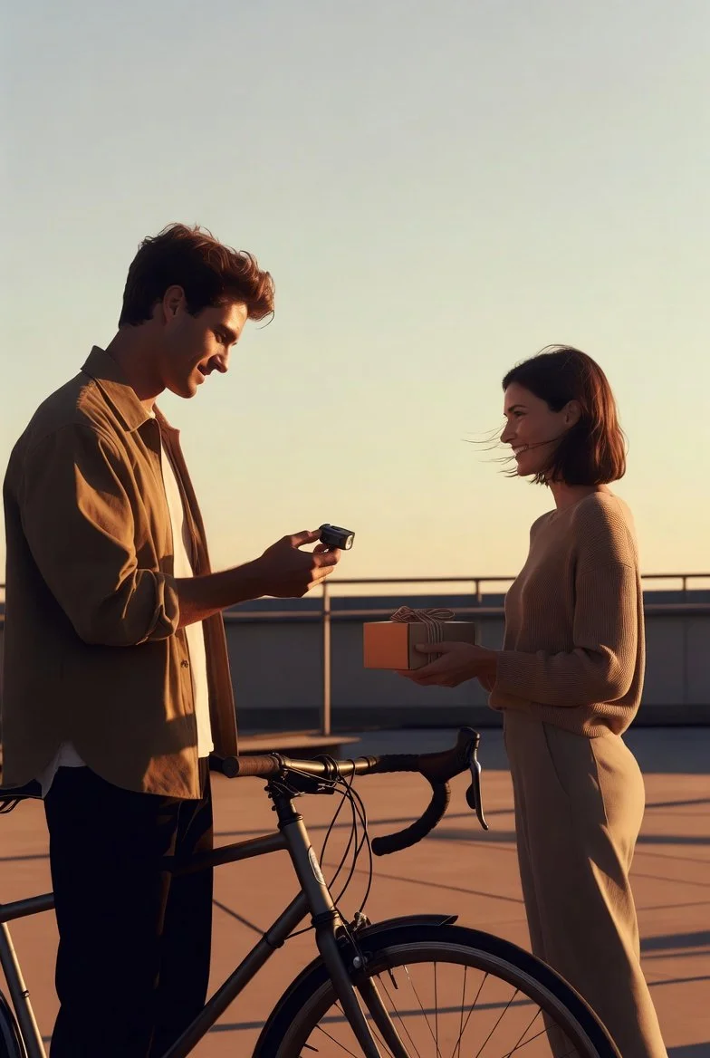 A brother examines a modern cycling accessory upgrade on a rooftop deck while his sister stands nearby with the empty gift box, capturing a thoughtful sibling gift based on his interests