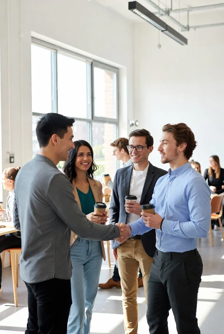 Young professionals networking in a bright modern office with natural daylight and city views