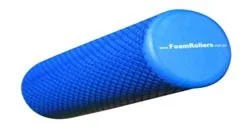Blue foam roller on a white background.