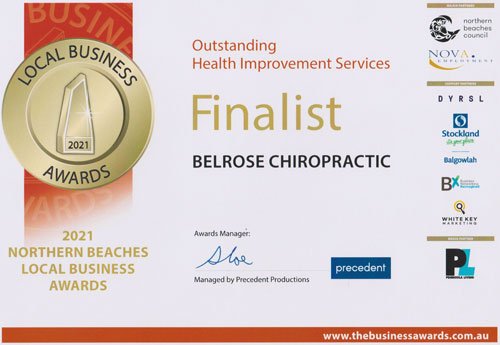 Certificate for Belrose Chiropractic as a finalist in the 2021 Northern Beaches Local Business Awards for Outstanding Health Improvement Services, with logos of sponsors and awards organization.