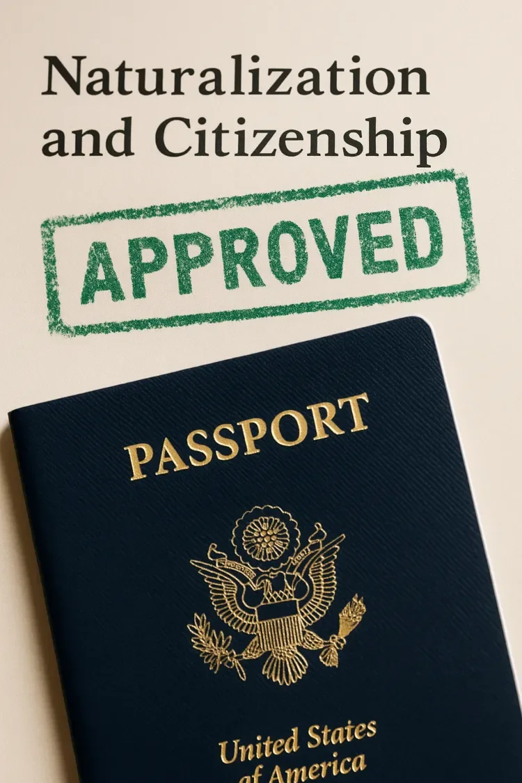 A passport with a gold emblem of the United States eagle and the word 'PASSPORT' on it, placed below a sign that reads 'Naturalization and Citizenship' with a green 'APPROVED' stamp over it.