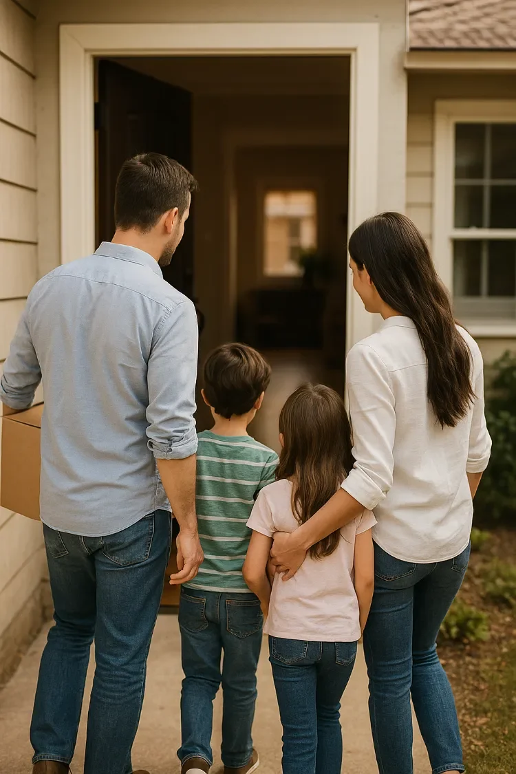 A family of four standing outside a house, preparing to enter through the front door.