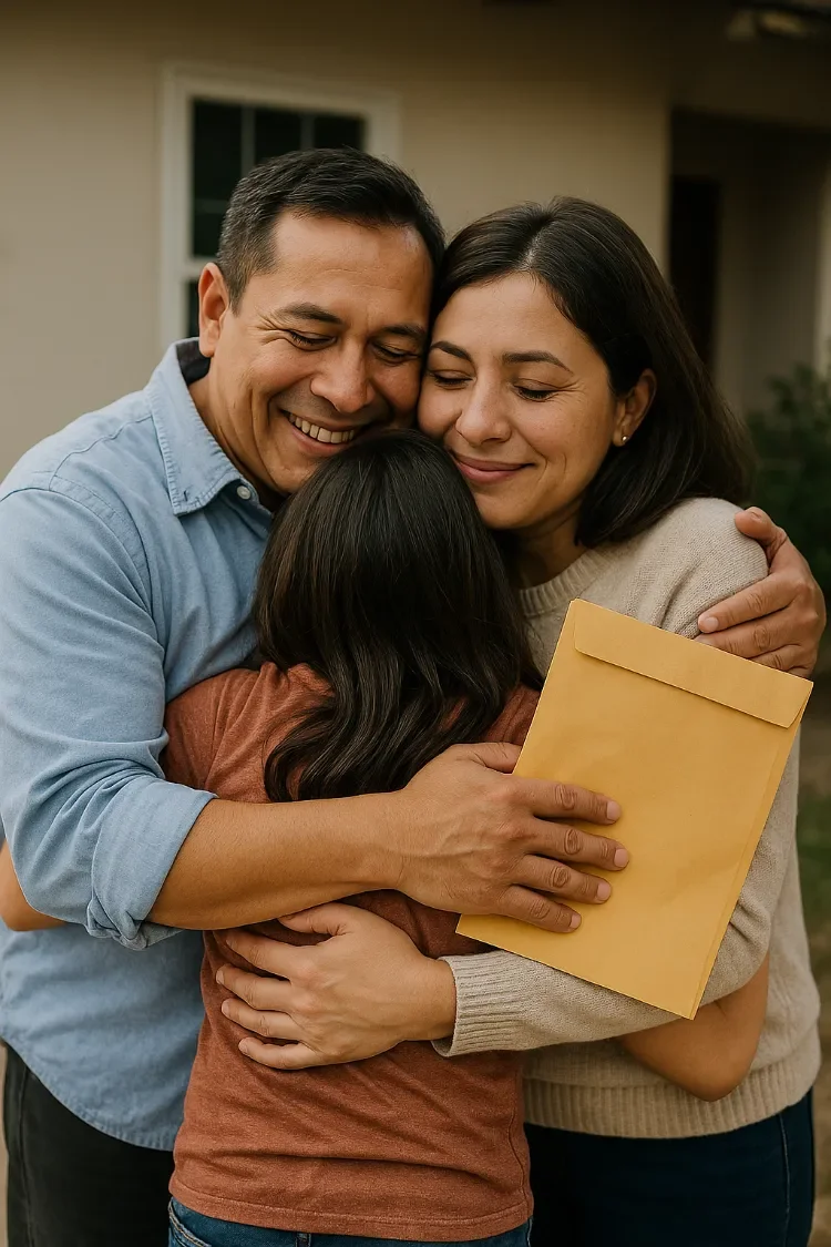 Family hugging outdoors with an envelope in hand, celebrating a special moment.