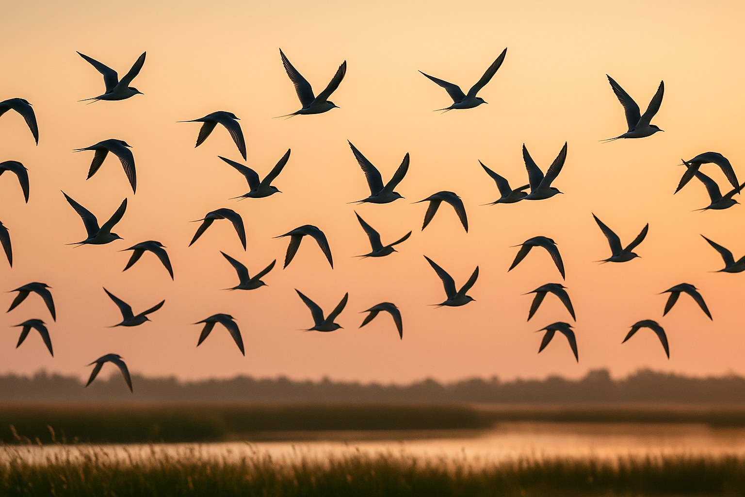 Silhouettes of flying arctic terns against a sunset sky over water and marshland.
