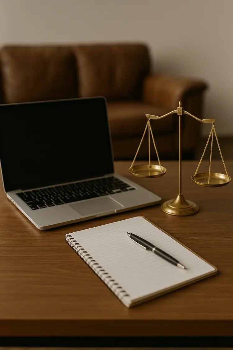 A desk with a laptop, a notepad with a pen, a gold balance scale, and a brown couch in the background