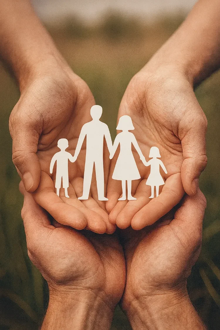 Two adult hands gently hold paper cutouts of a family of four, including a man, a woman, and two children, symbolizing family and togetherness.