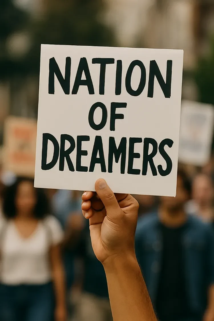 Person holding a sign that says "NATION OF DREAMERS" at a rally or protest.