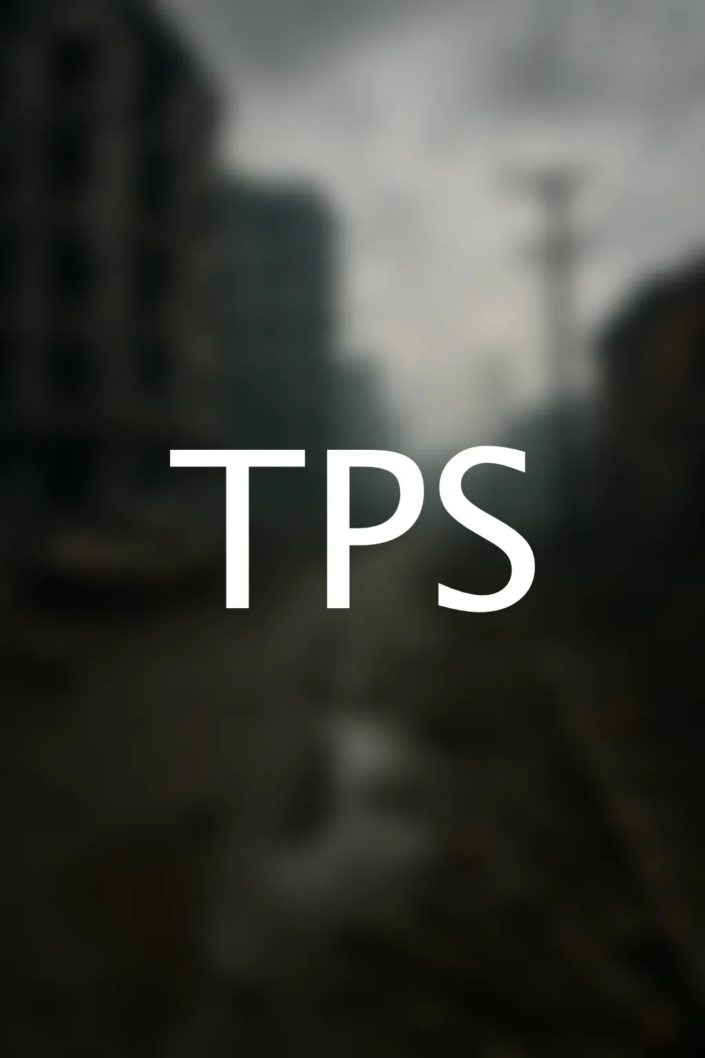 Blurred city street scene with tall buildings and cloudy sky, with the large white text 'TPS' across the center.