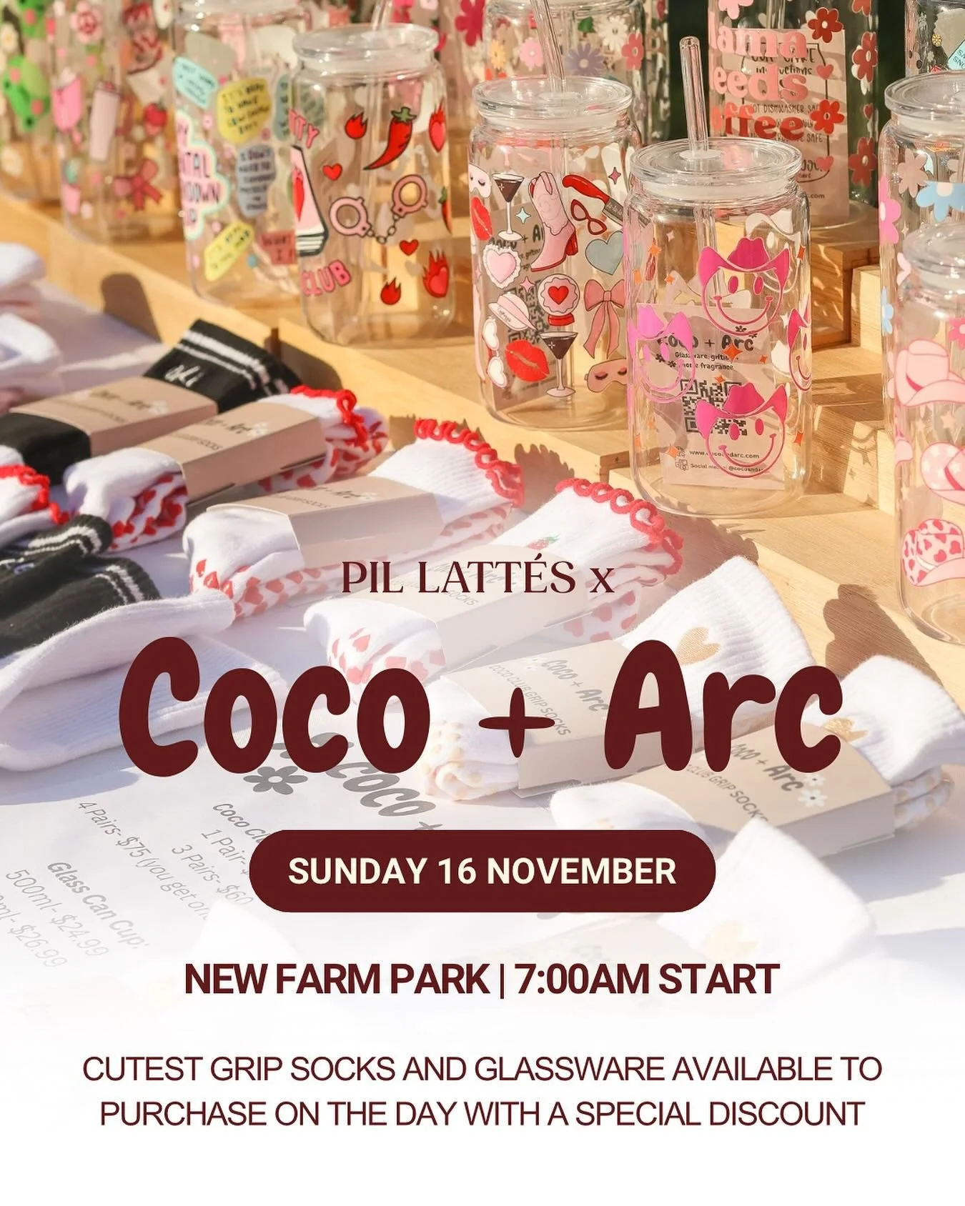 She&rsquo;s back!! So excited to have @cocoandarc back with us. The CUTEST glassware and grip socks (new designs!) available to purchase on the day with a special combo discount 🫶🏼 

Link in bio to register, see you nice and early this Sunday! 

#p