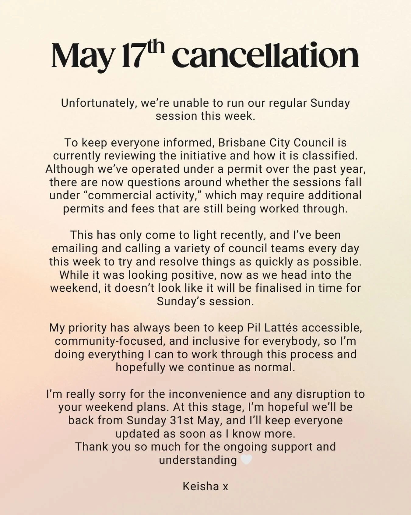 MAY 17th CANCELLATION:

So sorry everyone! Unfortunately, we&rsquo;re unable to run our regular Sunday session this week.

To keep everyone informed, Brisbane City Council is currently reviewing the initiative and how it is classified. Although we&rs