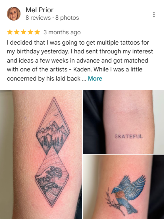 Three tattoos: a geometric diamond-shaped mountain landscape, the word 'GRATEFUL', and a colorful bird.