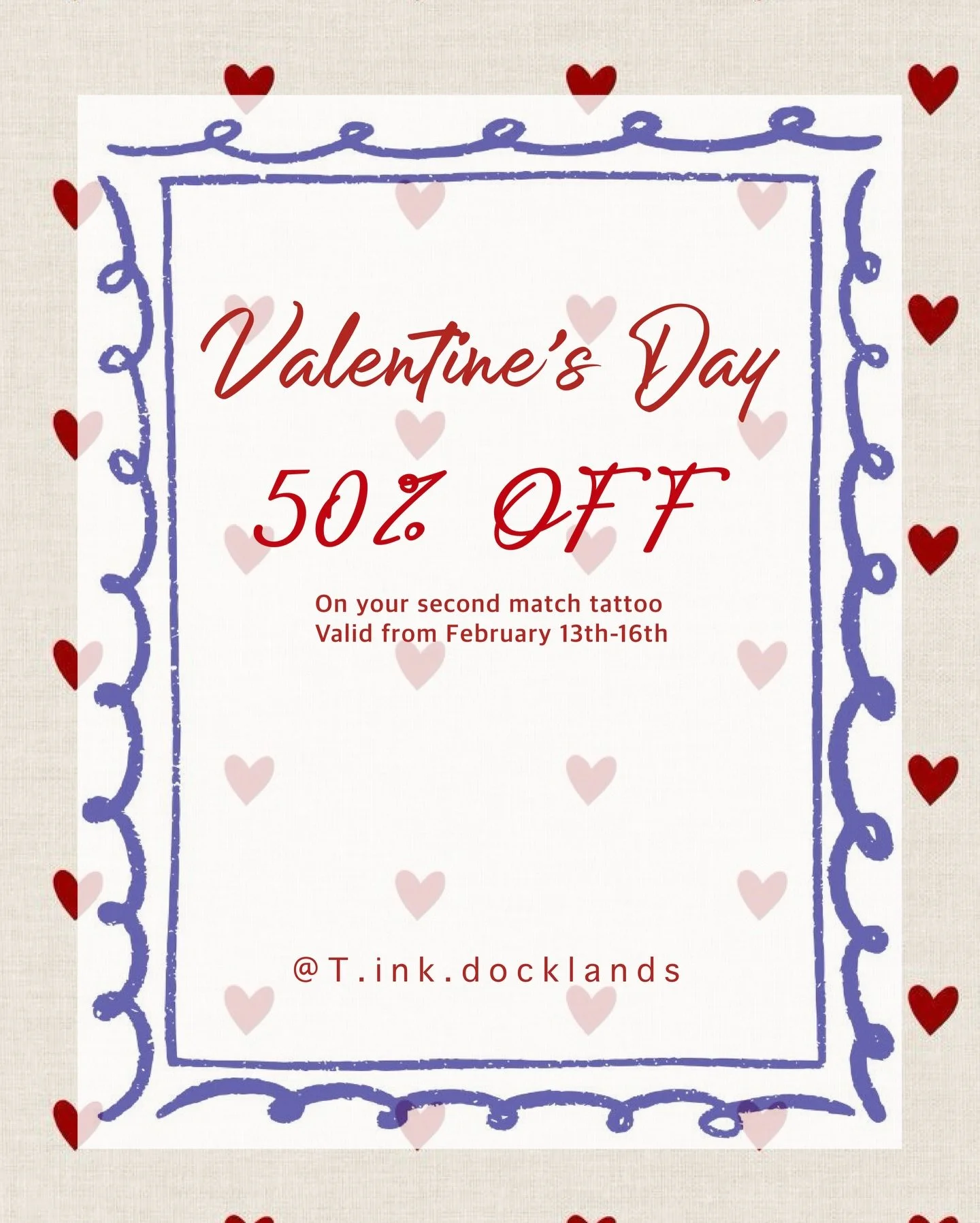 💗This Valentine&rsquo;s Day💗T.ink is offering something special 
✨50% OFF on your second matching tattoo （Custom designs welcome)
✨Valid from 13th to 16th Only

Rules are simple:
-Get matching tattoos 
-The discount applies only to the second tatto