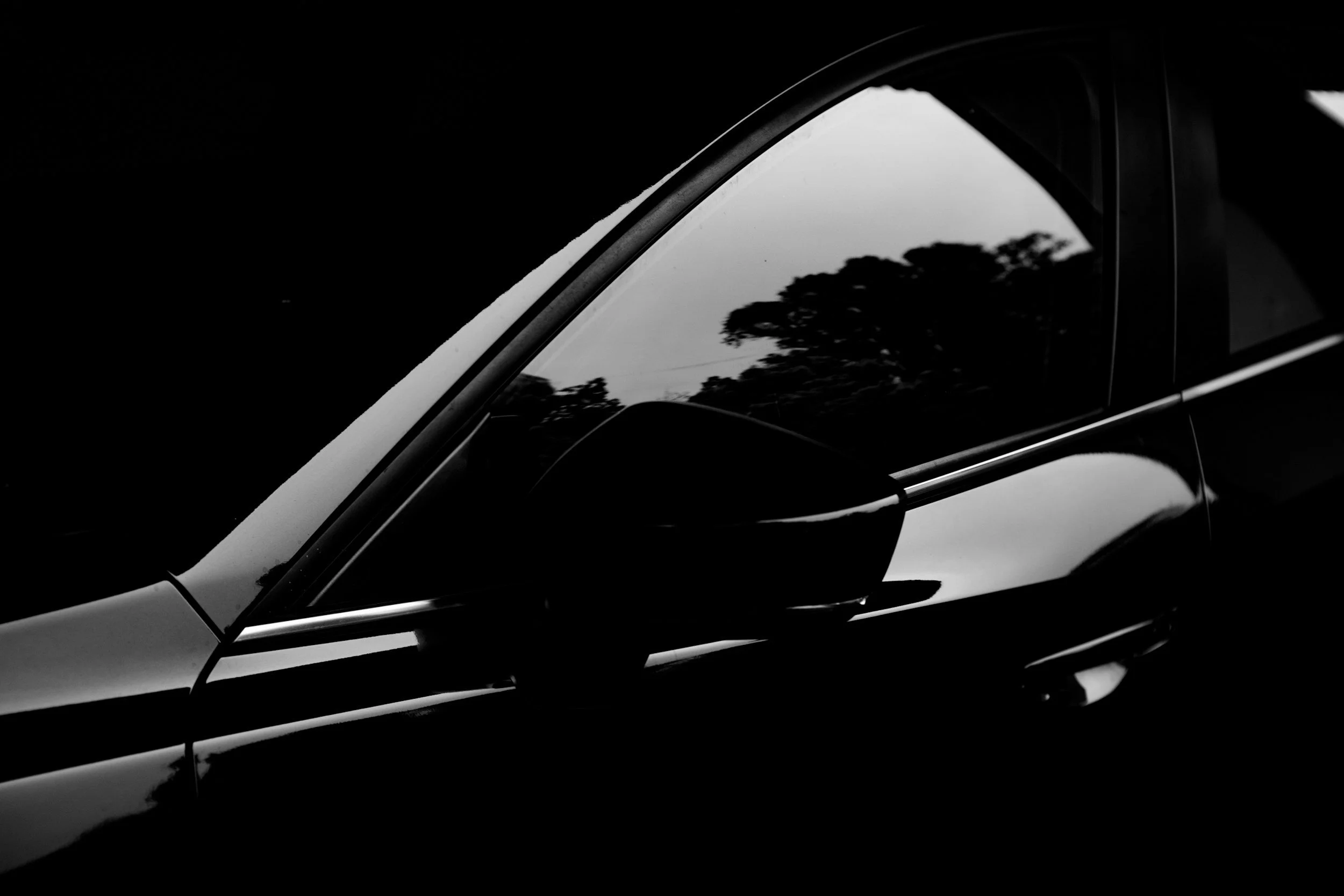 Close-up of a black car with a side mirror and door handle visible, reflecting the silhouette of trees on the window, shot in black and white.
