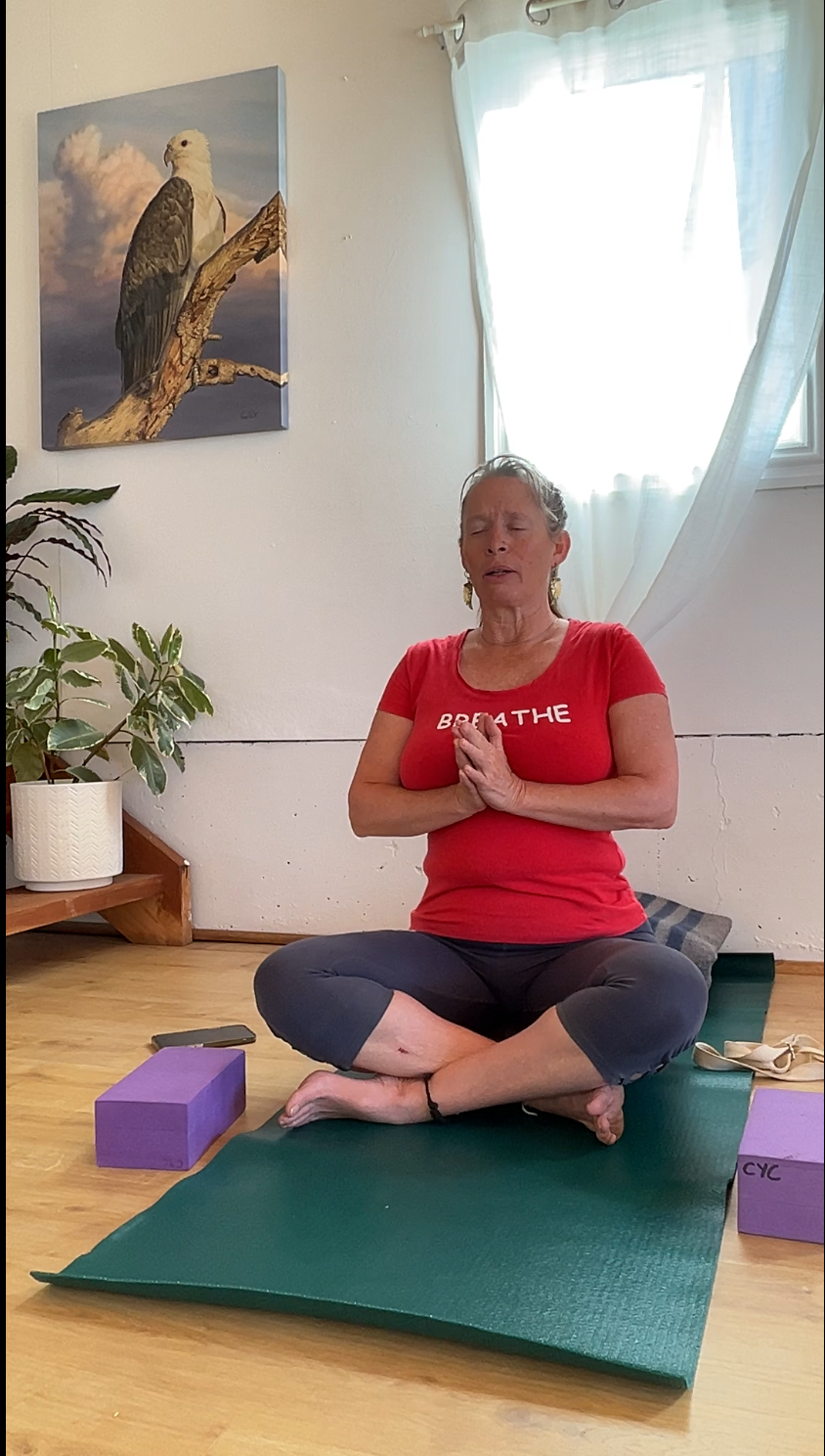 Tara practicing yoga indoors, seated cross-legged on a green yoga mat, with her hands in prayer position near her chest, eyes closed, and wearing a red t-shirt with the word 'BREATHE' on it.