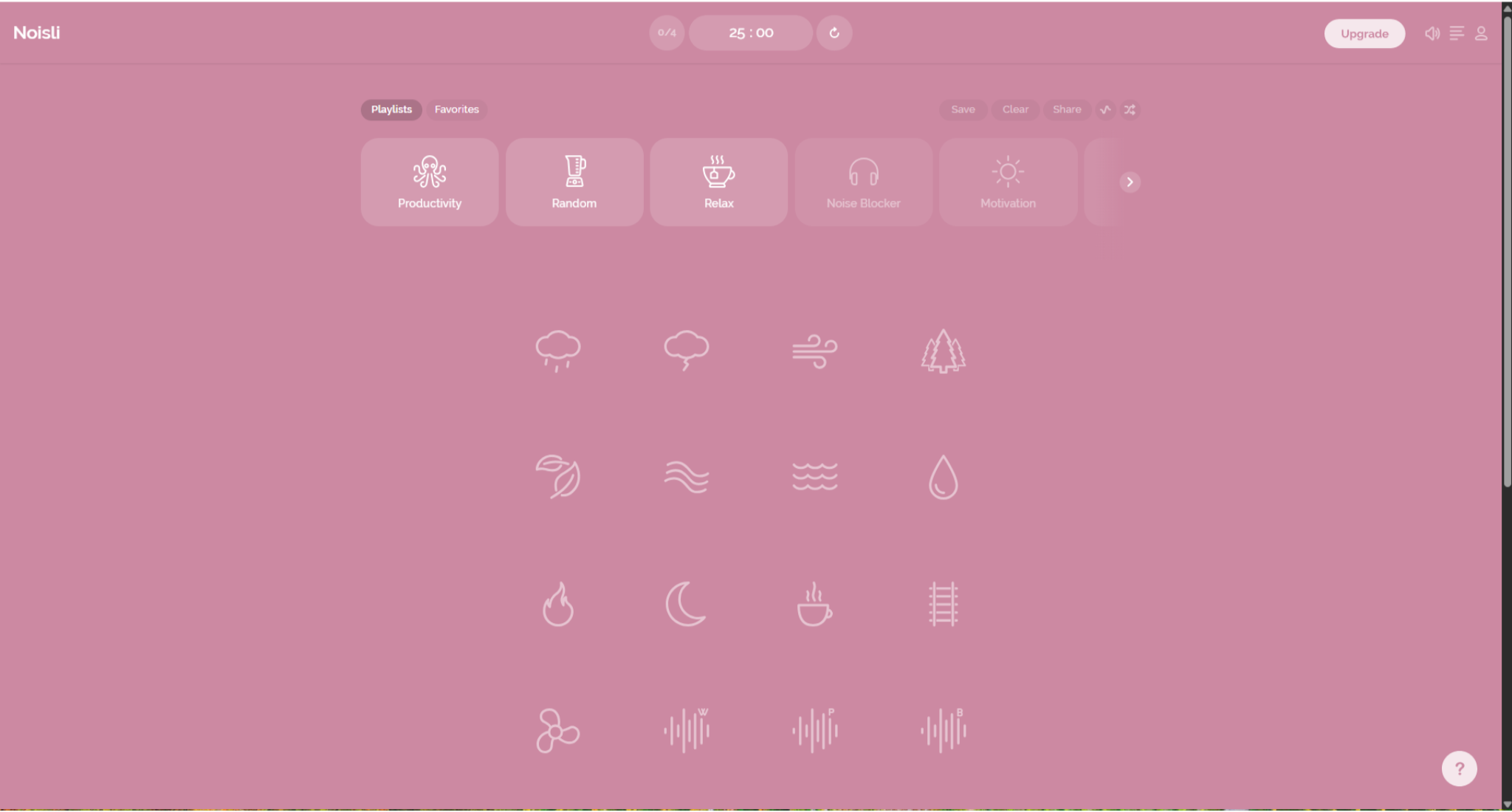 Screenshot of Noisli's sounds and playlist page