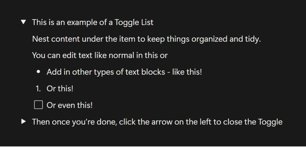 Screenshot of a Toggle List in Notion
