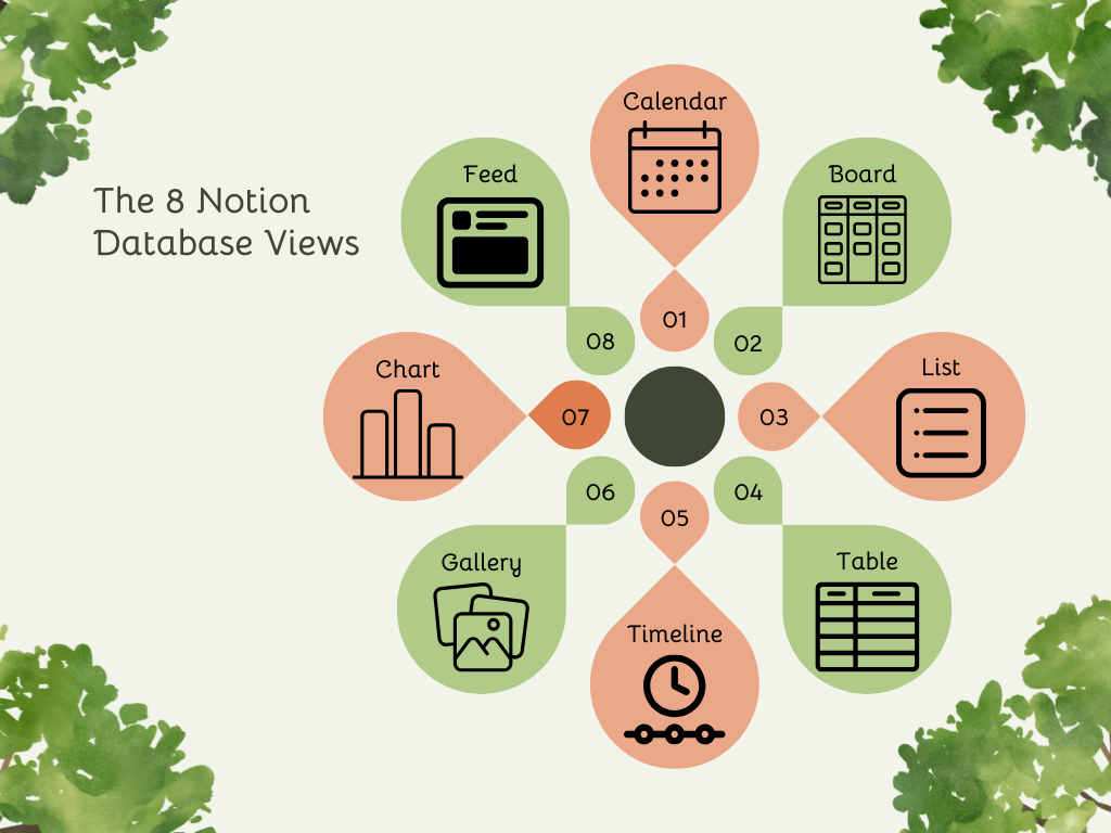 Infographic titled "8 Notion database views". The 8 views are: Calendar, Board, List, Table, Timeline, Gallery, Chart, and Feed.